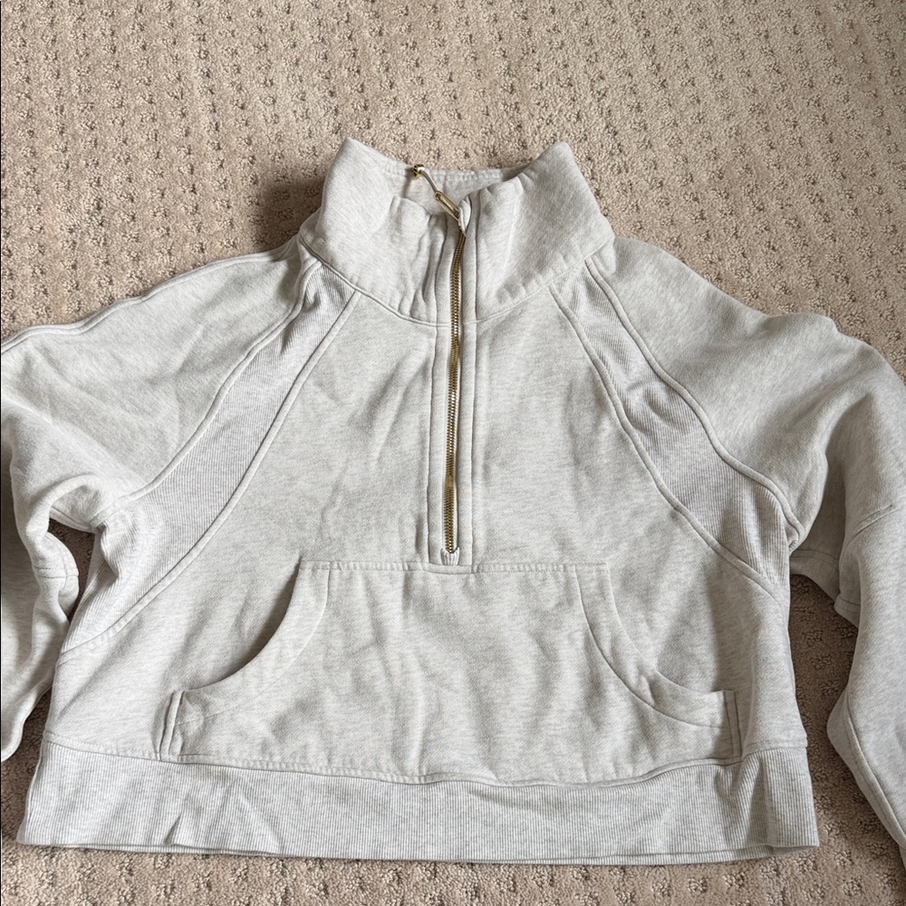 lululemon scuba quarter zip heathefed oatmeal grey gold zipper